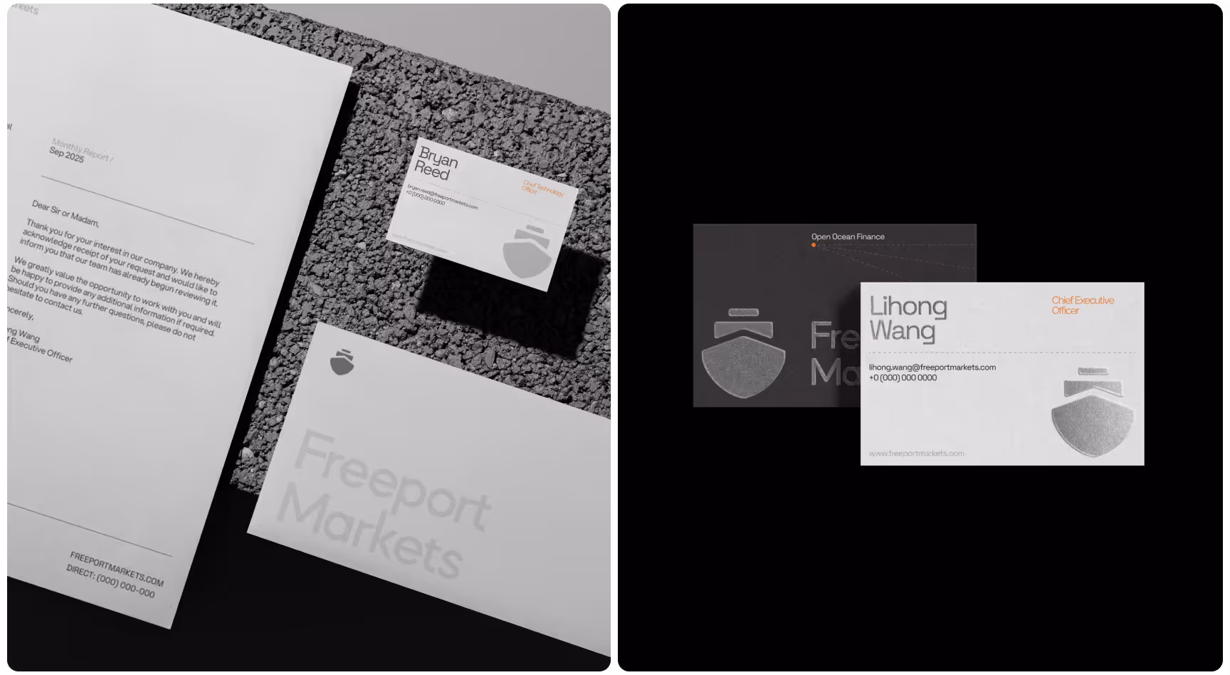 Business stationery set in grayscale featuring letterhead, business cards, and envelope on textured surface. Minimalist design with shield logo.