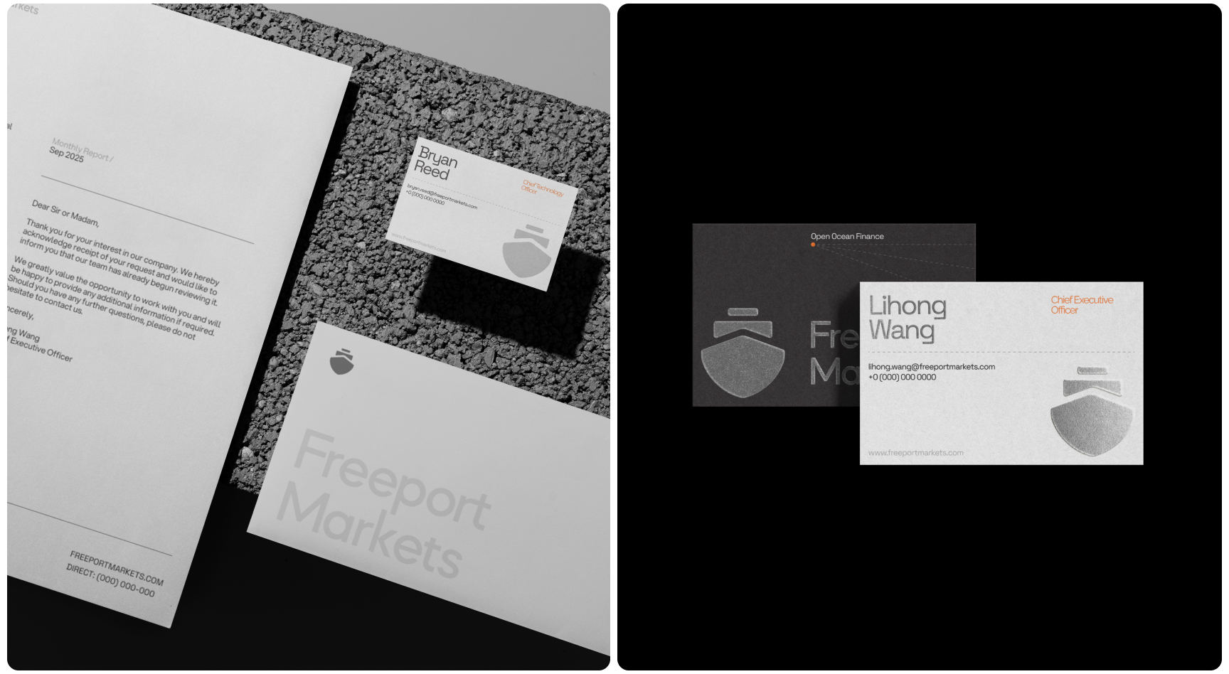 Business stationery set in grayscale featuring letterhead, business cards, and envelope on textured surface. Minimalist design with shield logo.