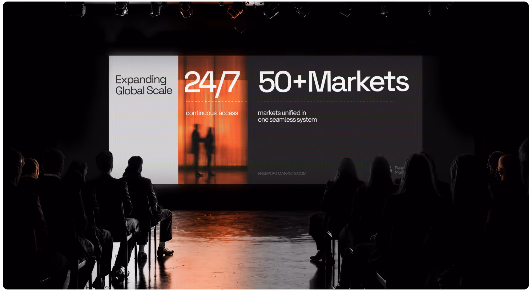 Conference room with audience facing a presentation screen displaying "Expanding Global Scale," "24/7 continuous access," "50+ Markets unified."
