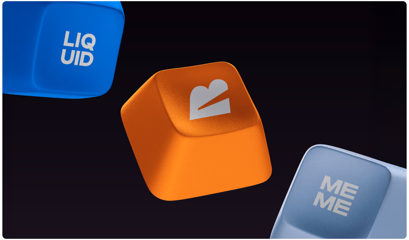 Three floating keys on a dark background: a blue key with "LIQUID," an orange key with a heart icon, and a light blue key with "MEME." Vibrant and modern.
