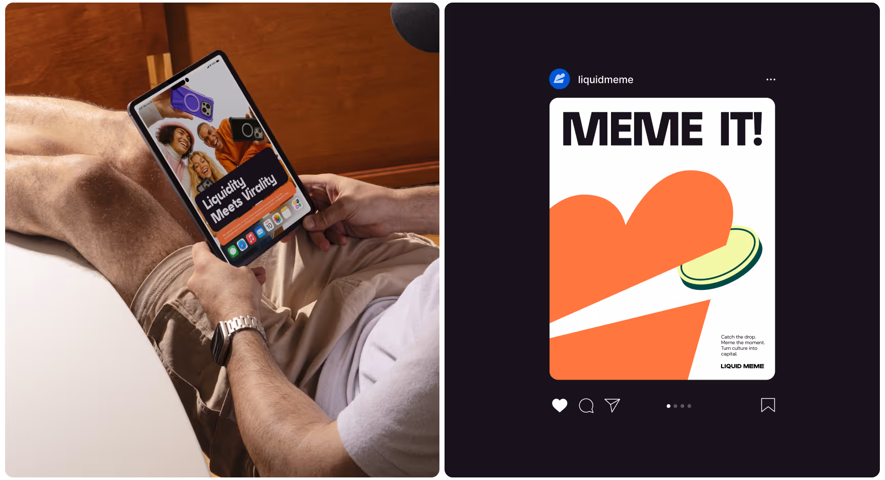 A person reclines while using a tablet showing a vibrant app interface. Beside, a digital art piece reads "MEME IT!" with bold shapes and colors.