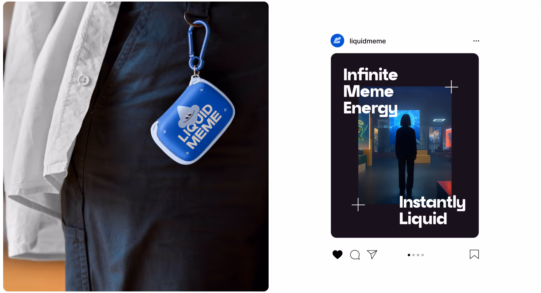 A split image: Left shows a close-up of a "Liquid Meme" keychain hanging from pants; right depicts an Instagram post by liquidmeme featuring a silhouette in a neon-lit room with the text "Infinite Meme Energy, Instantly Liquid."