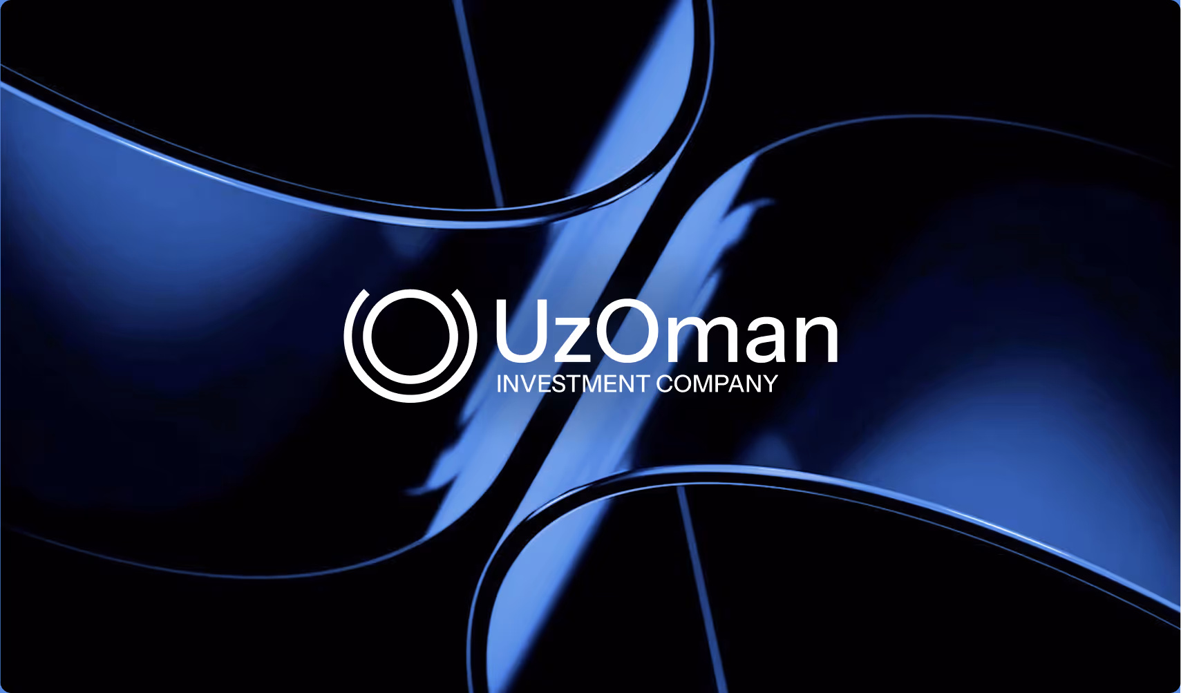 Abstract blue and black background with curved shapes and reflective surfaces. Centered white text reads "UzOman Investment Company." 