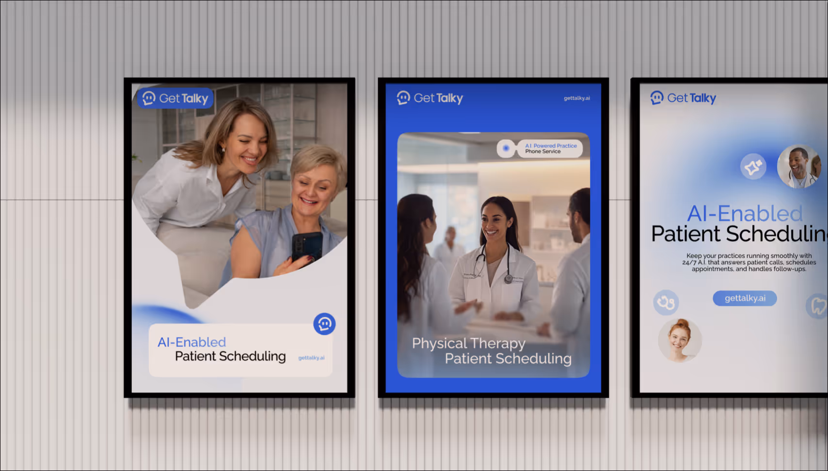Displays with "Get Talky" branding show AI-Enabled Patient Scheduling. Left: two smiling women viewing a phone, middle: a joyful doctor with colleagues, right: promotional text.