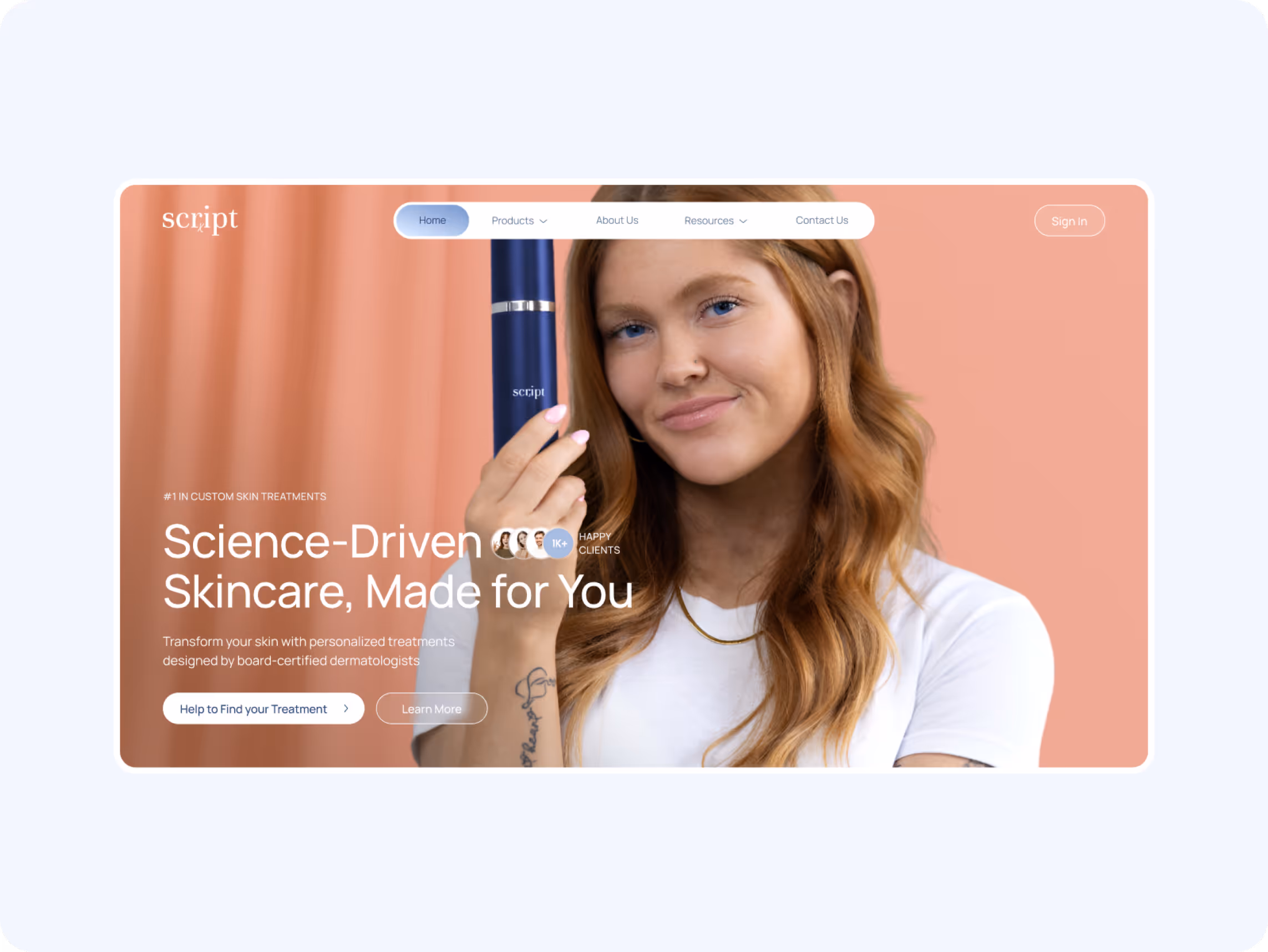 A woman with long hair smiles, holding a skincare product against a peach background. Text reads: "Science-Driven Skincare, Made for You."