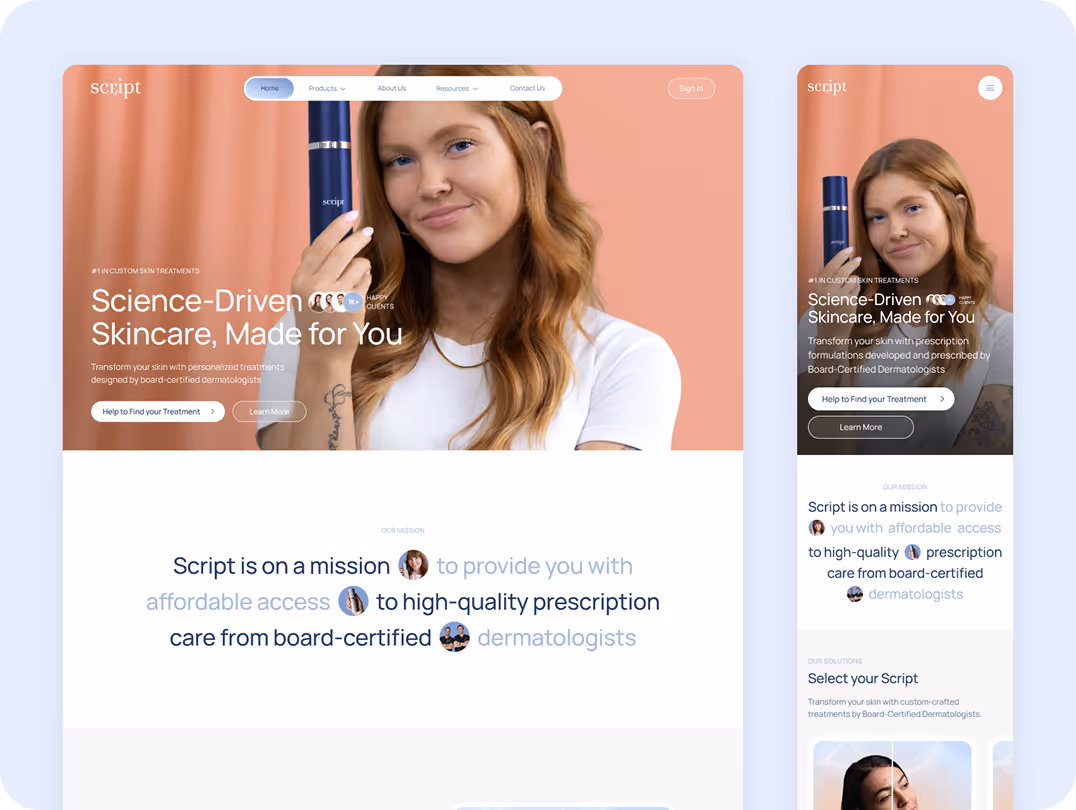 Young woman smiling with long hair, holding a skincare product. Text reads: "Science-Driven Skincare, Made for You." Professional, inviting tone.