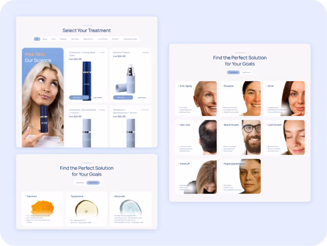 The image shows a skincare product website with a range of treatments. It includes product images, smiling faces, and categories like "Anti-Aging" and "Acne."