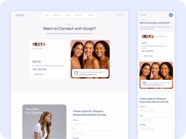 Website contact page for "Script" showing a diverse group of smiling women, contact details, and an inquiry form. Bright, welcoming design.