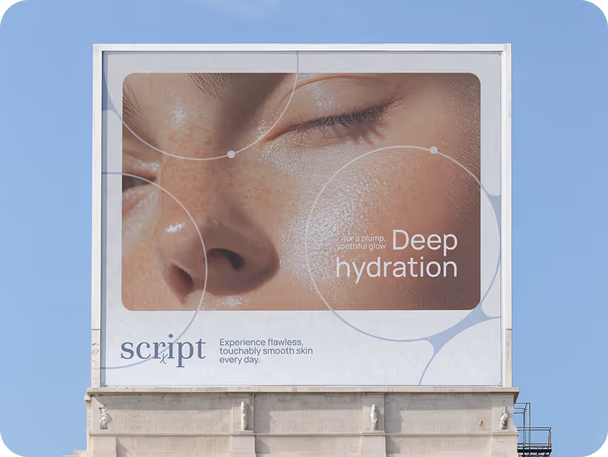 Close-up of a billboard showing a serene face with closed eyes, highlighting smooth, hydrated skin. Text reads “Deep hydration” and promotes flawless skin.