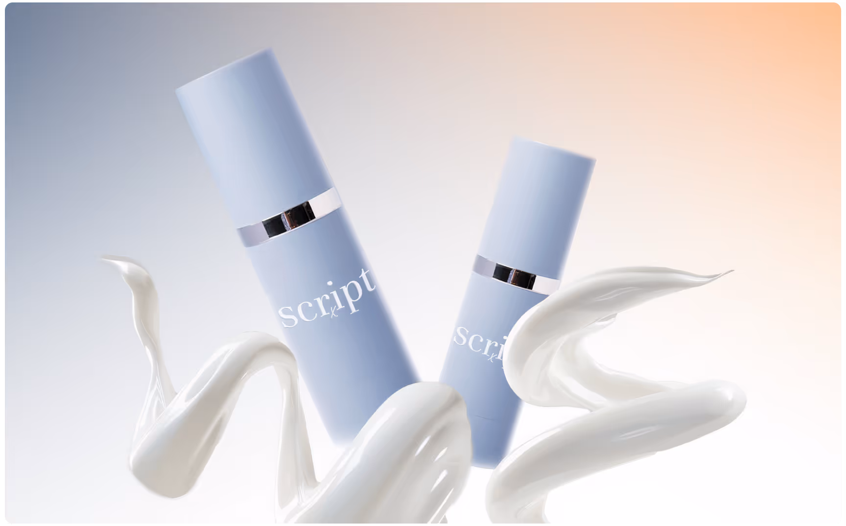 Two blue cosmetic bottles with silver bands stand amid swirling white cream. The gradient background shifts from blue to orange, creating a fresh, luxurious feel.