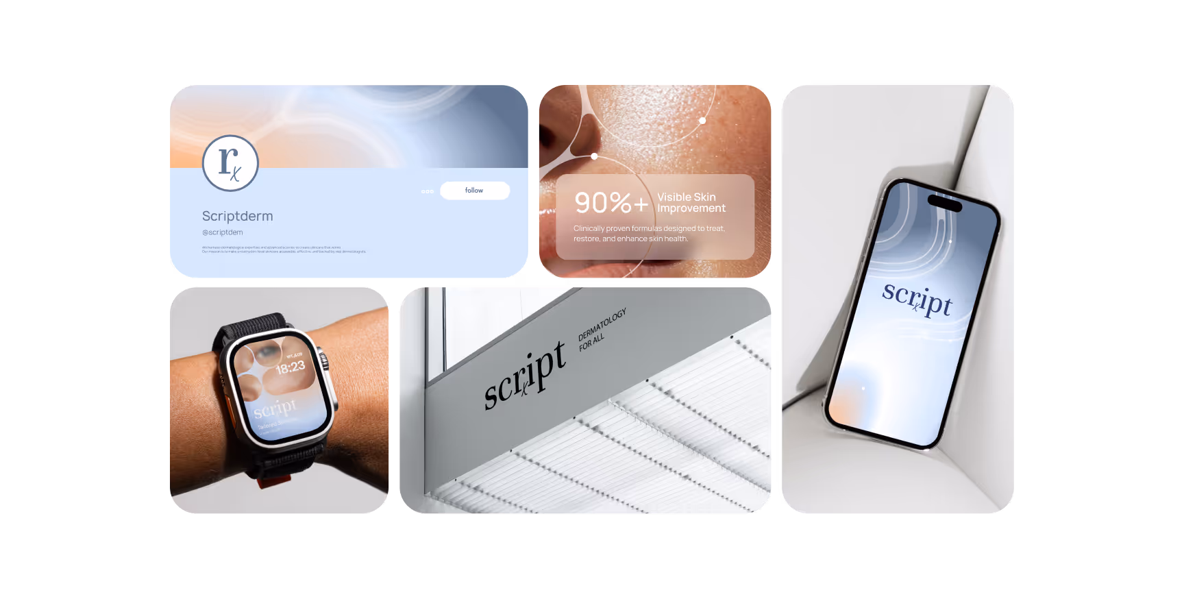 A collage showcases skincare branding with a modern theme. It includes a smartphone and smartwatch displaying the brand "Script," a close-up of improved skin with text "90%+ visible improvement," and a sleek "Script" sign on a building.