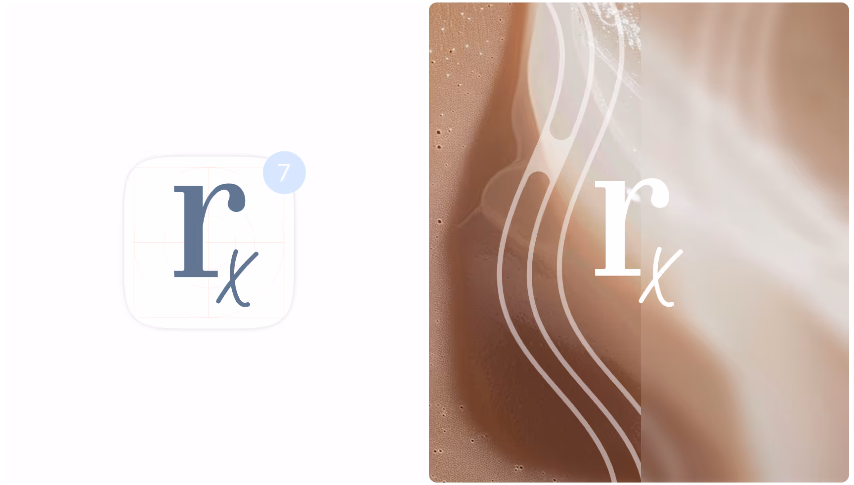 Split image showing an "r x" logo. Left: white background with a notification bubble showing "7"; Right: abstract brown texture with curvy white lines.