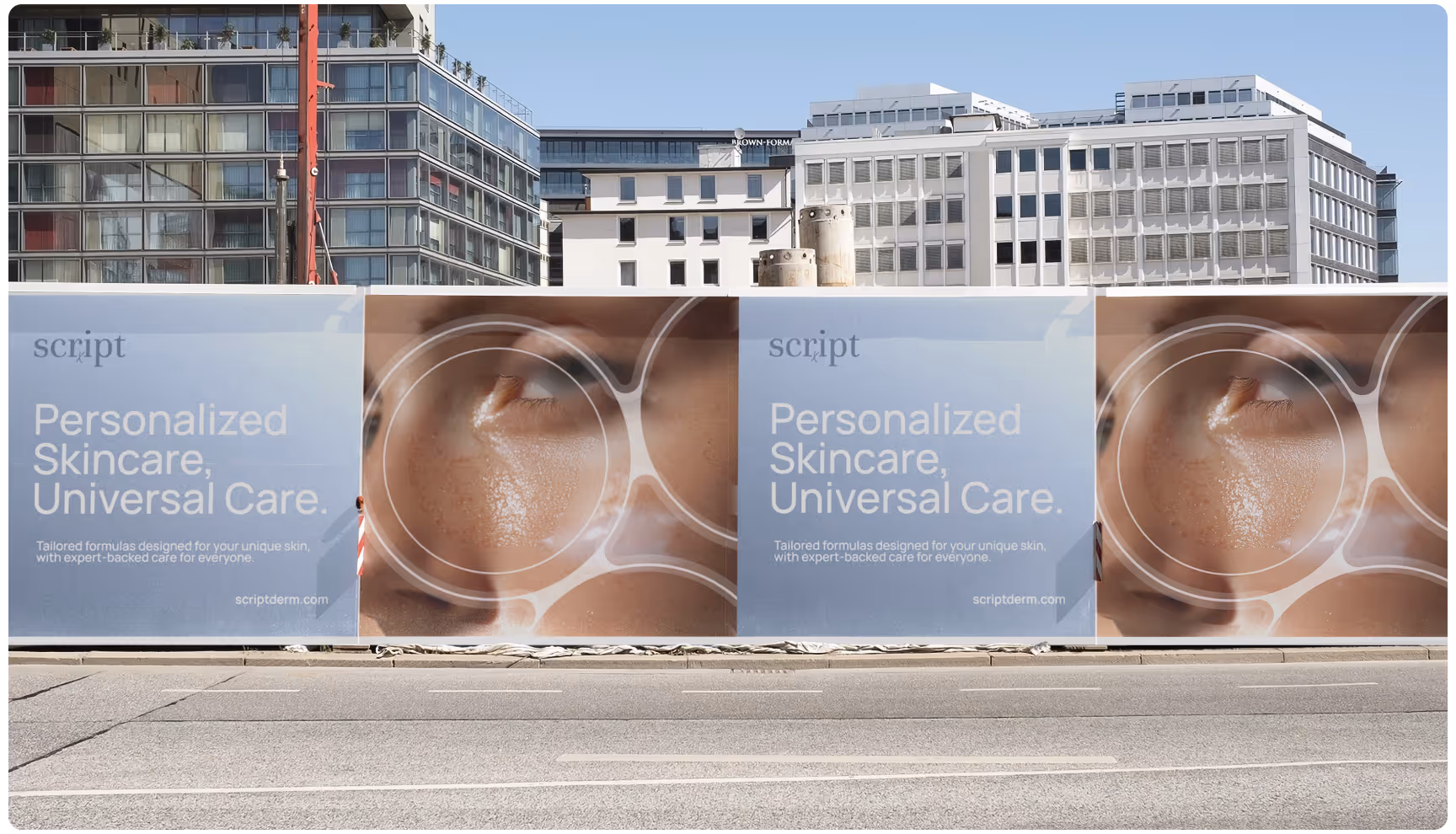Billboards on a city street display "Personalized Skincare, Universal Care" with a close-up of skin under a magnifying glass, against modern buildings.