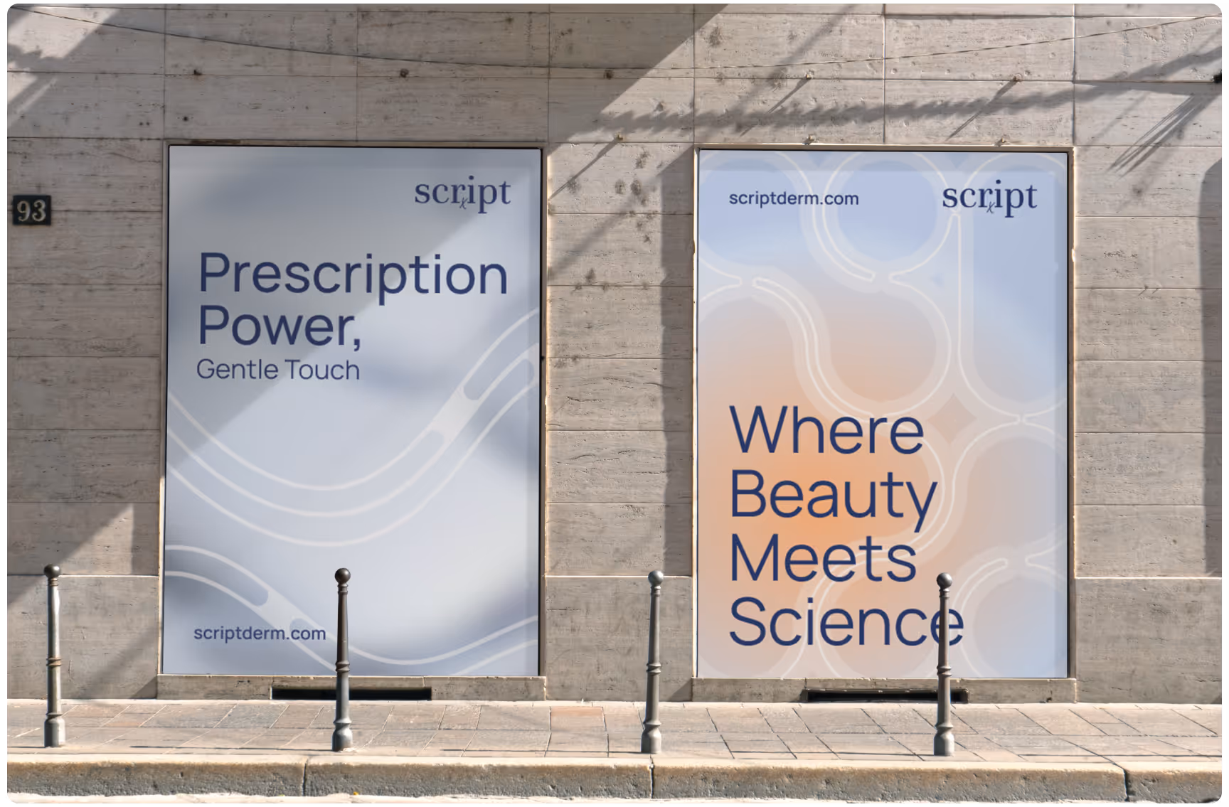 Two posters on a concrete wall. Left: "Prescription Power, Gentle Touch" in blue on a light abstract design. Right: "Where Beauty Meets Science" on a soft peach and blue background.