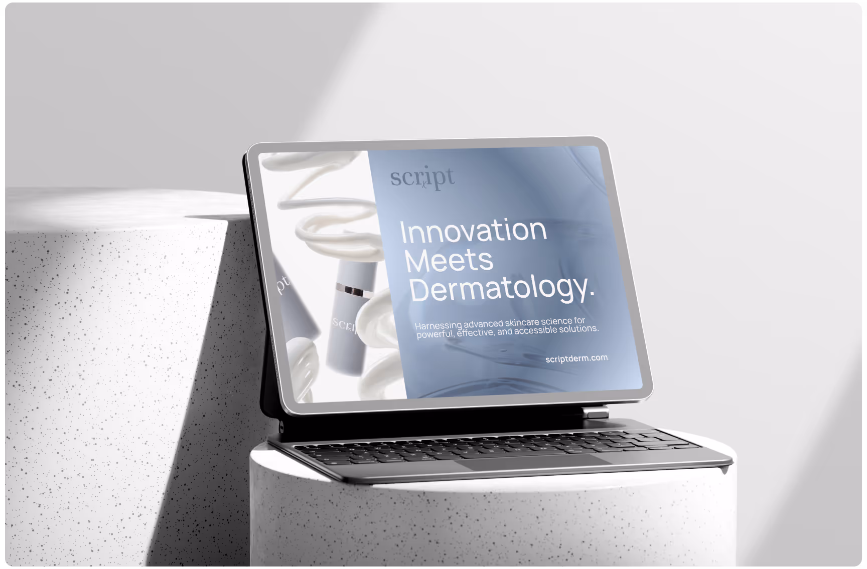 A laptop displays text: "Innovation Meets Dermatology" on a sleek design with minimal colors. The mood is modern and professional, emphasizing skincare innovation.
