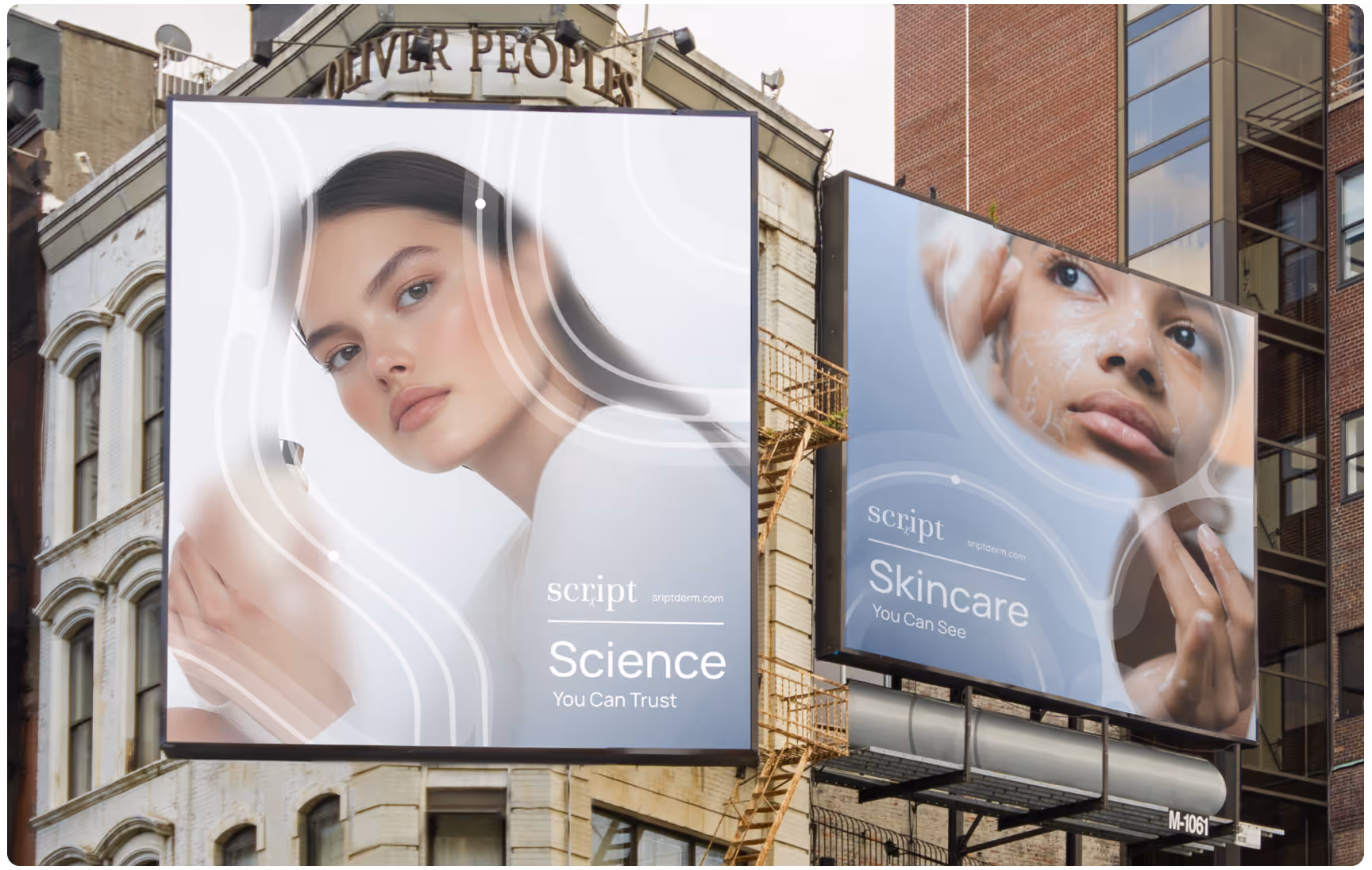 Two large billboards on a building show close-ups of diverse women with smooth skin applying skincare products. Text reads "Science You Can Trust" and "Skincare You Can See."
