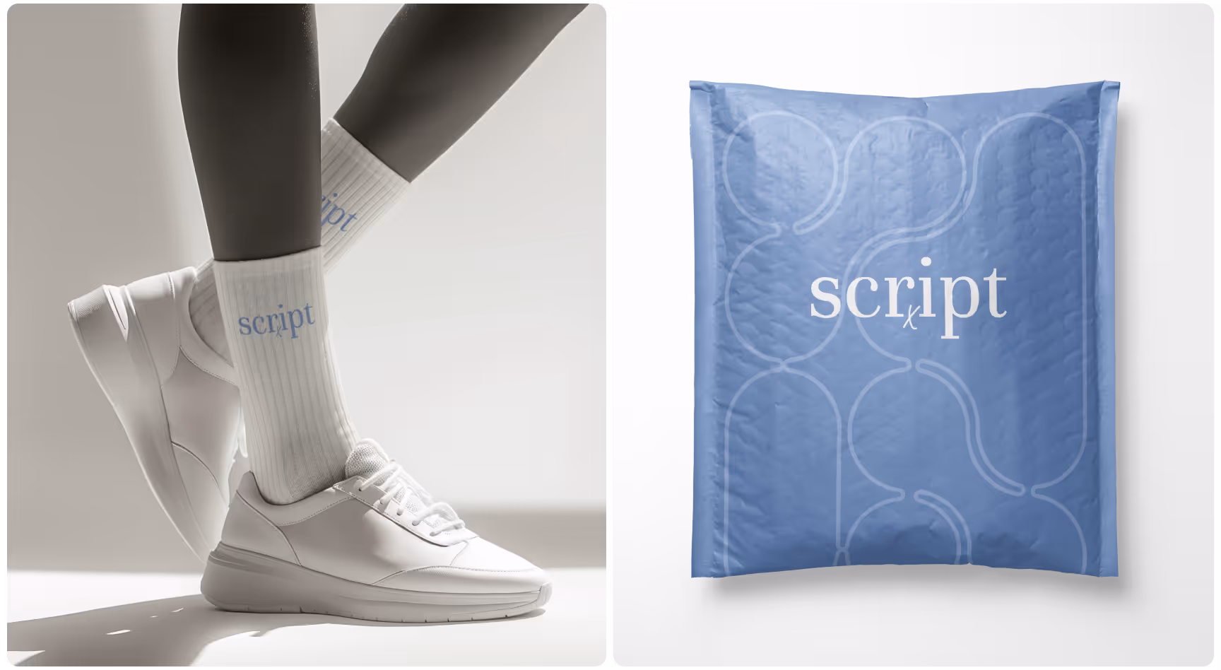 A pair of legs in white sneakers and "script" branded socks stand on the left. On the right, a blue package with "script" branding, creating a modern, minimalistic feel.