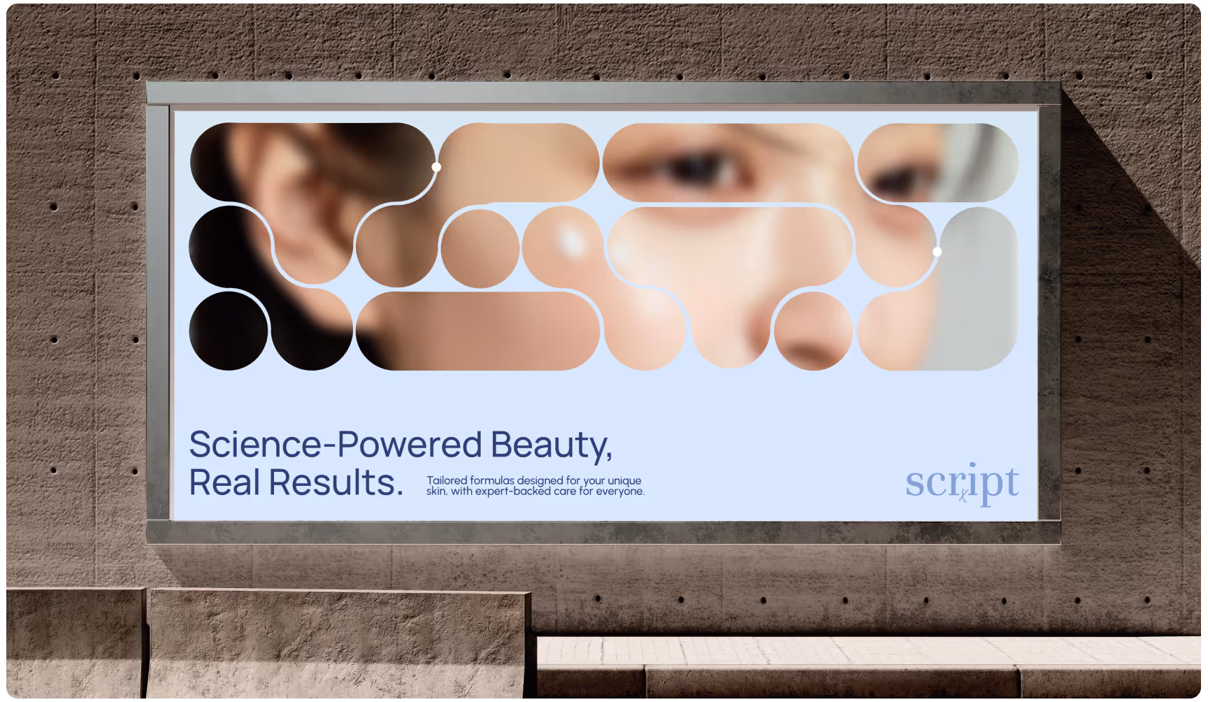 Billboard with abstract design featuring blurred close-up of a person's face. Text reads 'Science-Powered Beauty, Real Results.' Tone is modern and professional.