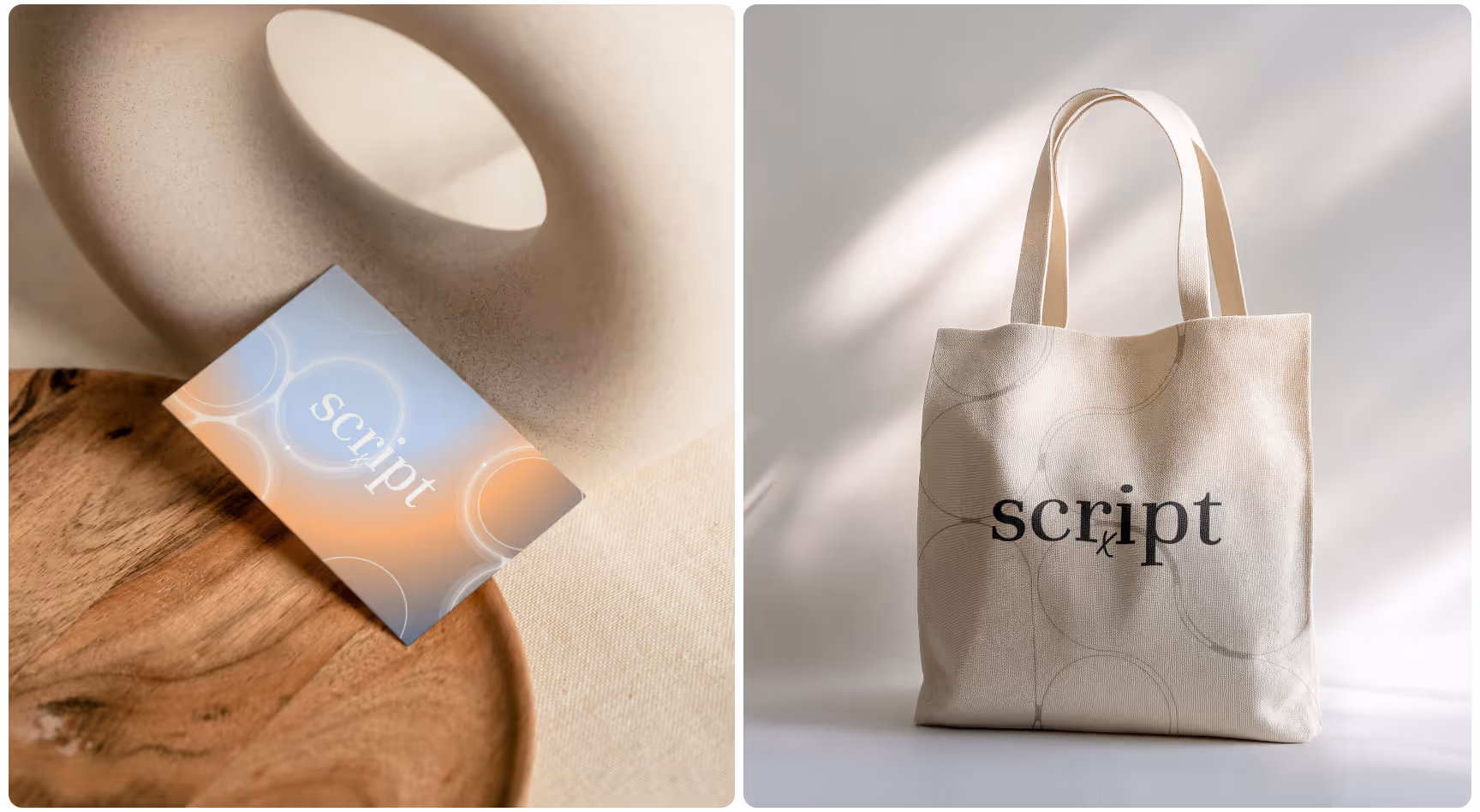 Business card with "script" logo rests on a wooden surface beside a ceramic sculpture. A beige tote bag with the same logo sits against a soft, light background.