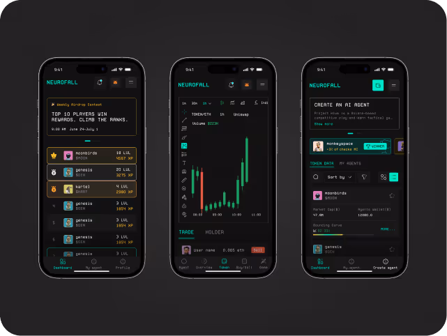Three smartphone screens display a finance app interface. The left screen shows a leaderboard. The center screen features a rising stock chart. The right screen allows users to create AI agents.