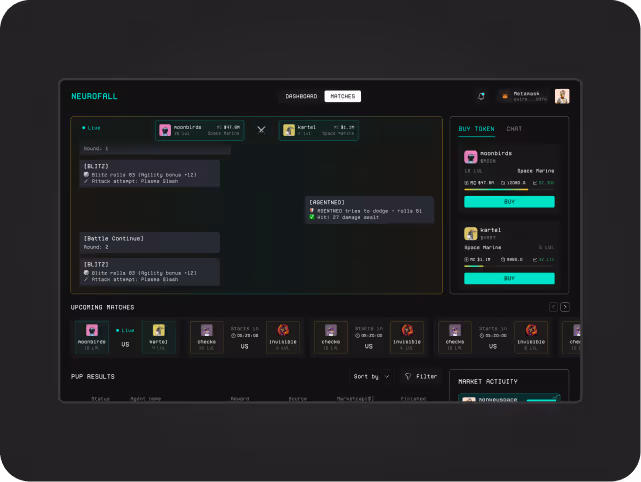 User interface of a virtual game platform displaying ongoing matches. The layout includes player stats, action options, and token purchase buttons. The design is sleek with a dark theme.