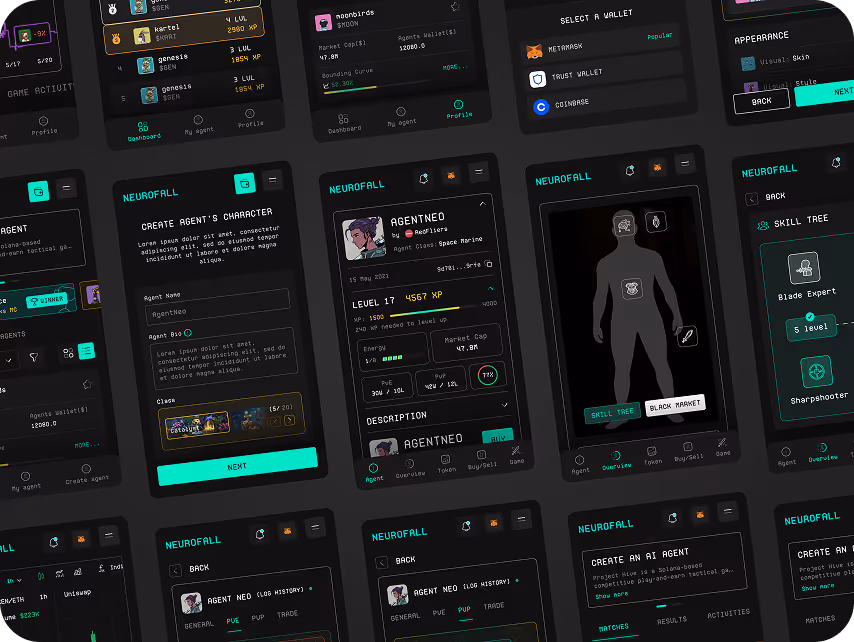 A digital RPG interface displays character profiles, skill trees, and game statistics. The design is sleek, dark-colored with glowing neon accents, conveying a futuristic, immersive gaming experience. Key elements include profile pictures, level indicators
