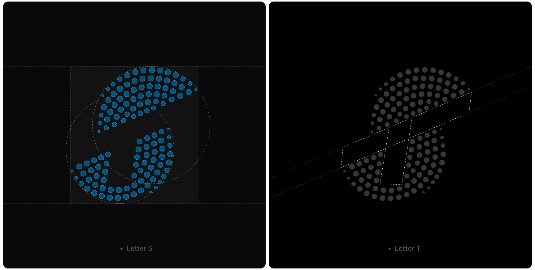 Abstract design featuring two grid-based patterns. The left shows the letter "S" in blue dots on a dark background. The right has a grey "T" on black. Sophisticated and modern.