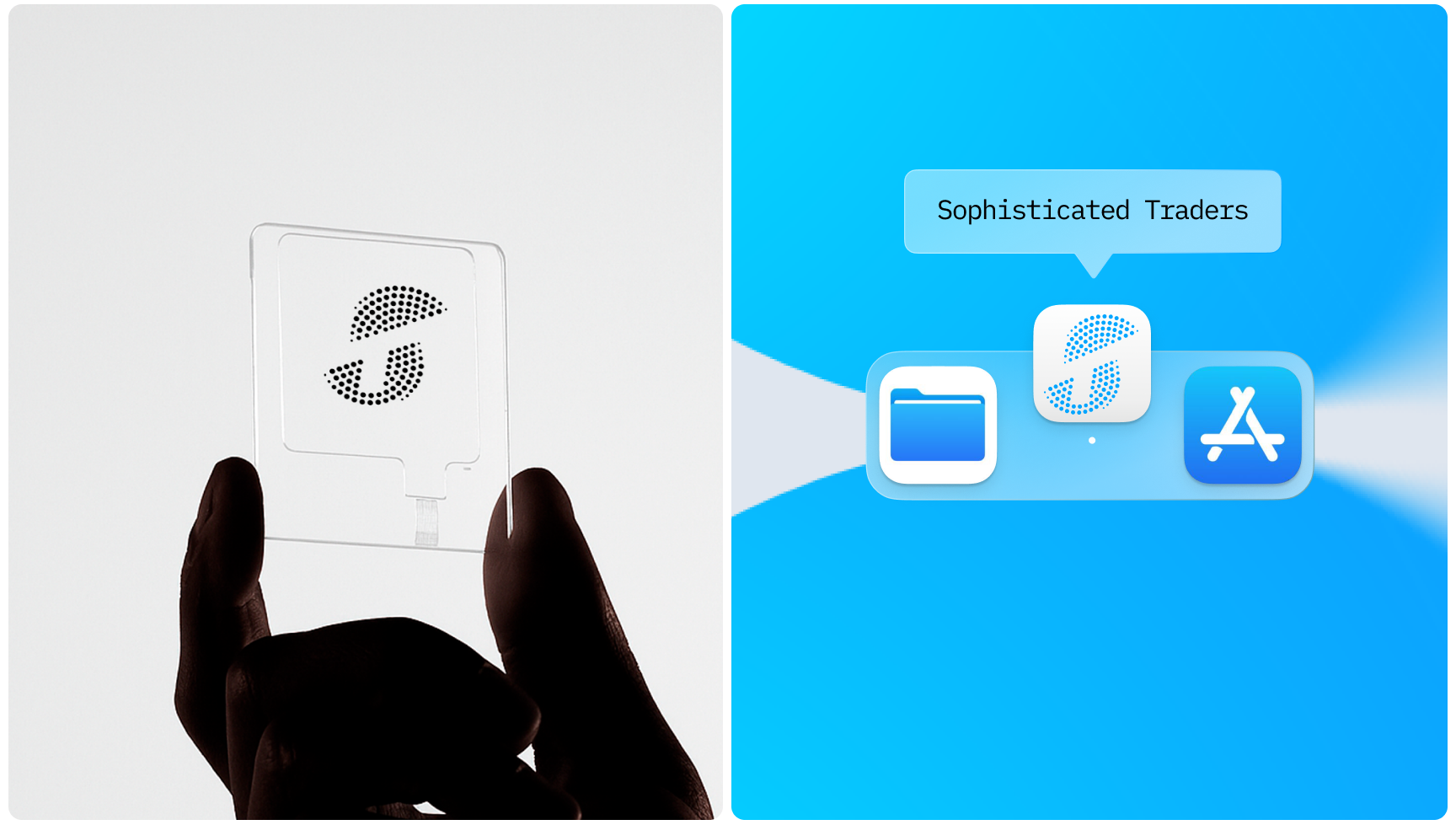 Hand holds a transparent square with a stylized "S" on the left. On the right, a blue digital UI with app icons and "Sophisticated Traders" text.
