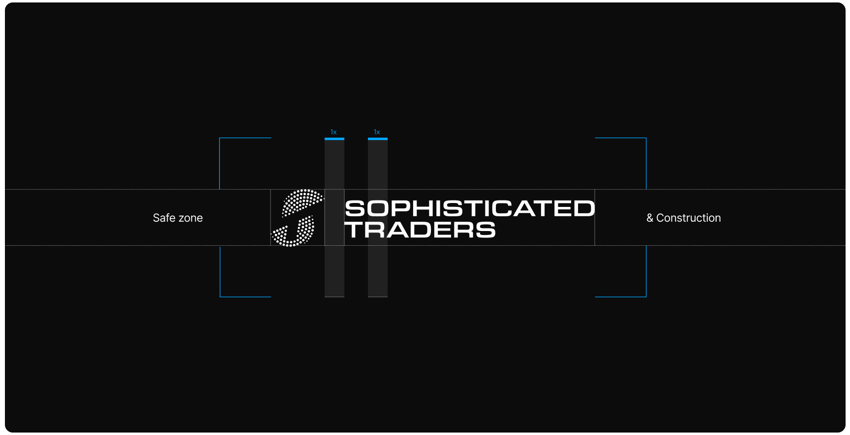 Logo design for "Sophisticated Traders" on a black background. Text is white and bold, with a stylized "S" logo. Blue lines indicate safe zone spacing.