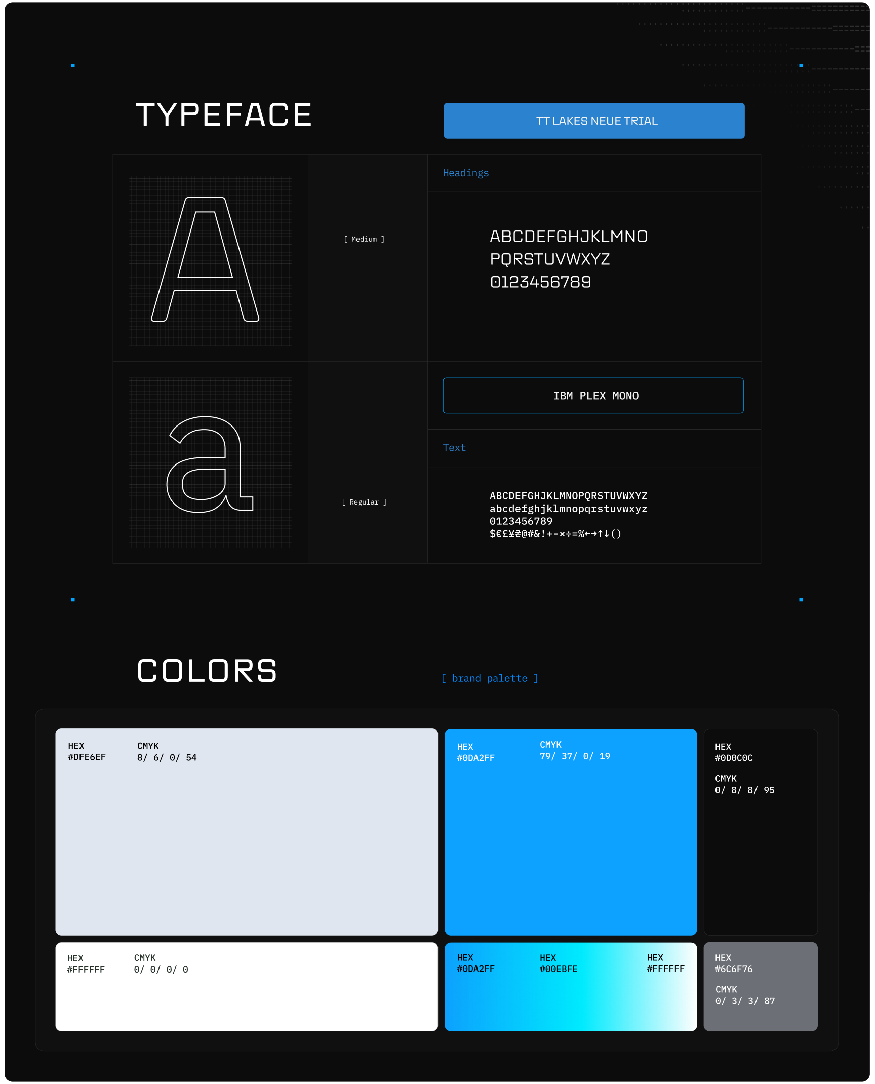 The image shows a typographic and color palette for a design project. The typeface section features uppercase "A" and lowercase "a" with descriptions. The color palette includes four square swatches with hex and CMYK codes: light gray (#DFE6EF), blue (#0DA