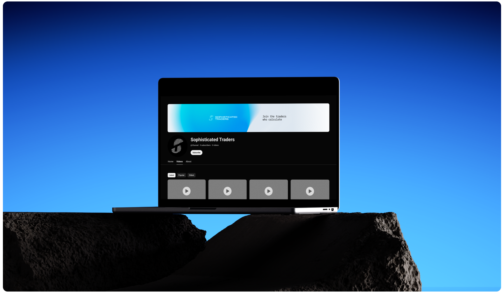 A laptop displaying a trading platform, "Sophisticated Traders," against a vivid blue background. The scene conveys a modern, professional tone.