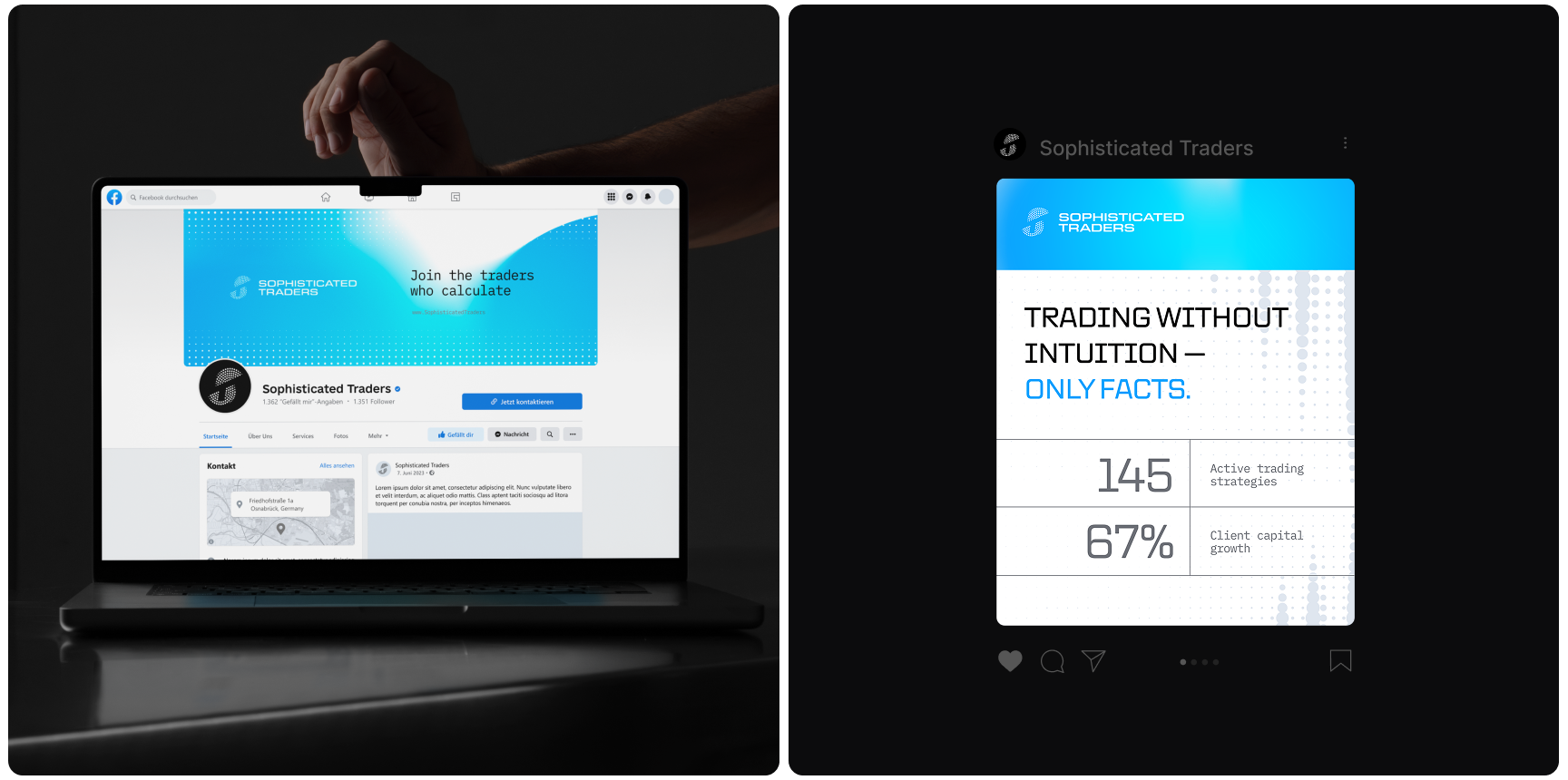 A laptop displays a trading company webpage with a blue banner. Next to it, a digital ad highlights data-driven trading, showing statistics and promoting factual analysis.