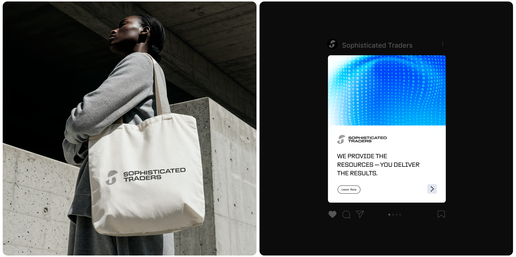 A person in a gray coat carries a tote bag with "Sophisticated Traders" on it. Next to this is a digital ad with a blue pattern and the text "We provide the resources — you deliver the results."