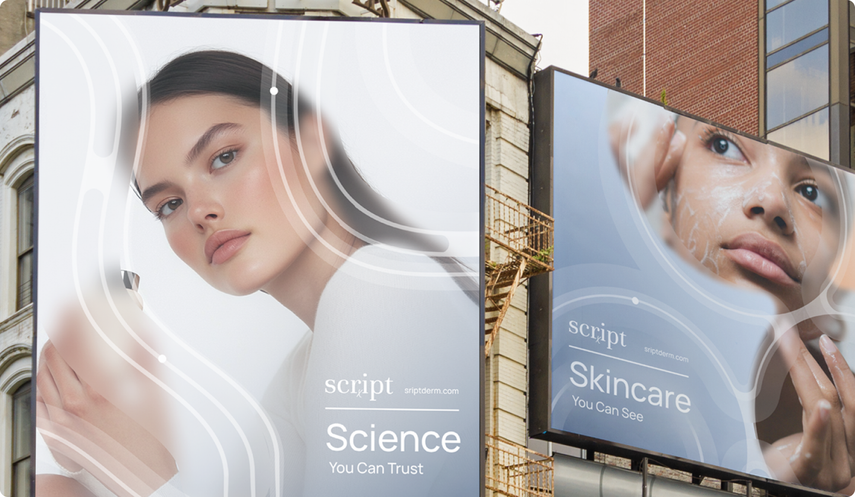 Two billboard ads on building facades show close-ups of diverse women with glowing skin, highlighting skincare. Text: "Science You Can Trust."