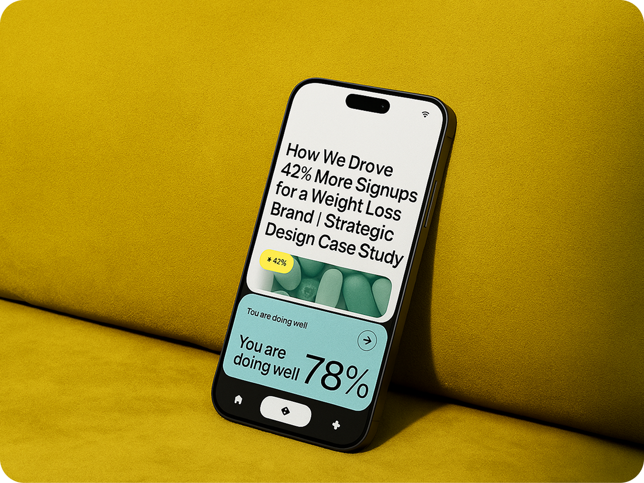 Abstract image of a human figure with wavy textures. Highlights include a positive testimonial, five-star rating, and "Trusted Brand" badge, conveying success and reliability.