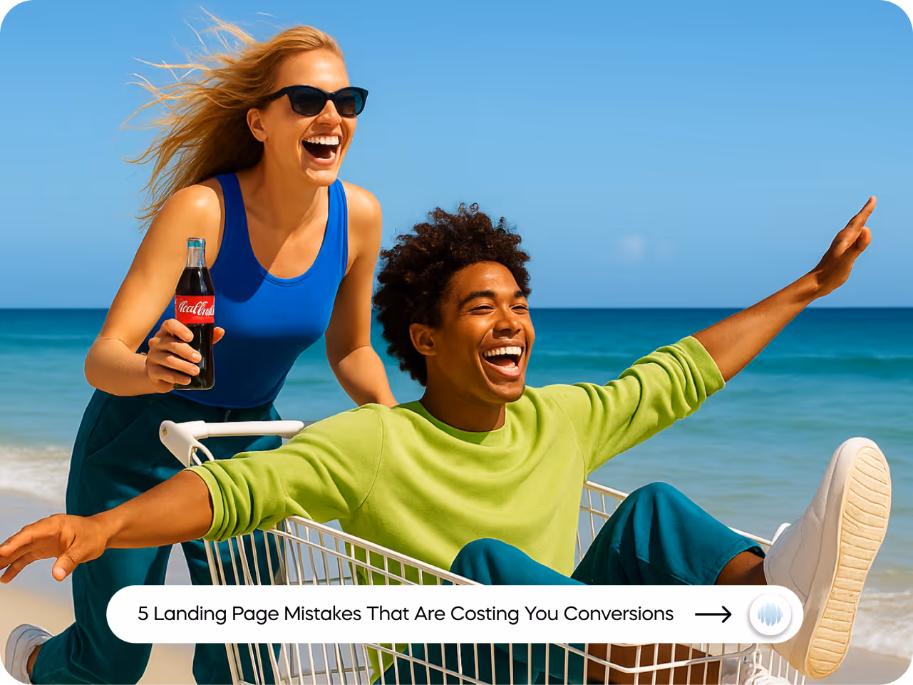 3D illustration of people around a sales funnel, with floating red cubes, computer icons, and a large "Convert" button. The tone is futuristic and analytical.