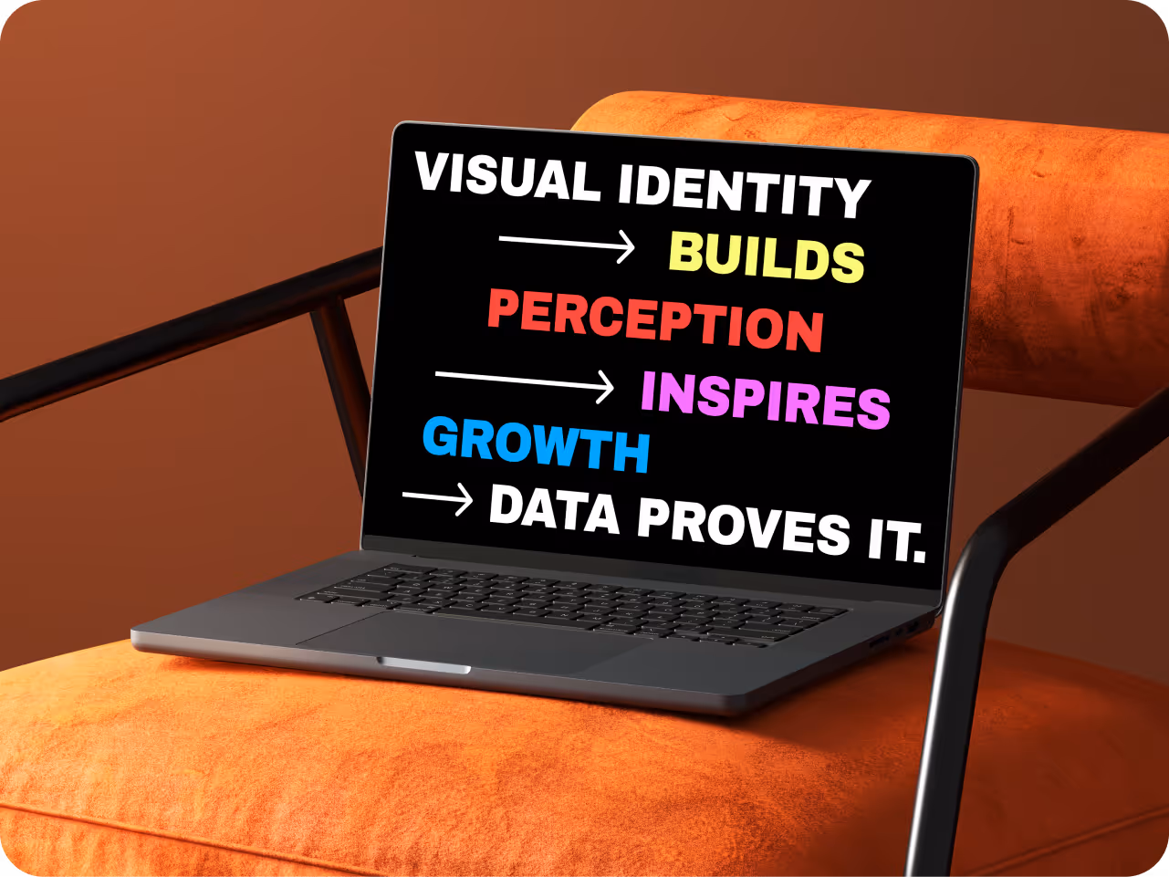 Large poster in a dimly lit room featuring the text "The Impact of Visual Identity on Business Growth: Data-Driven Insights" with Figma, Photoshop, and Illustrator logos.