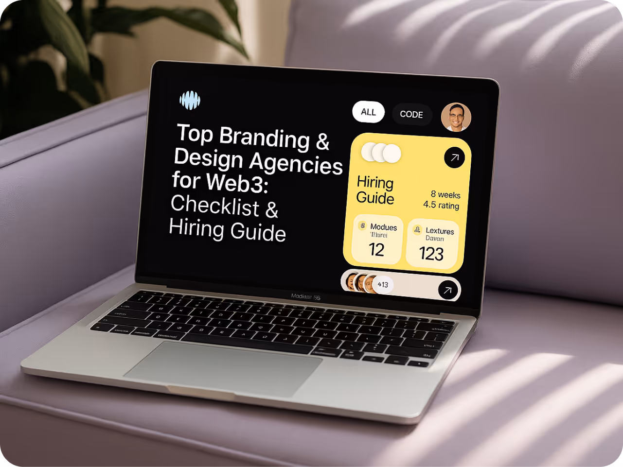 Dark-themed image with white text: "Top Branding & Design Agencies for Web3: Checklist & Hiring Guide." Includes digital chain links and geometric shapes.
