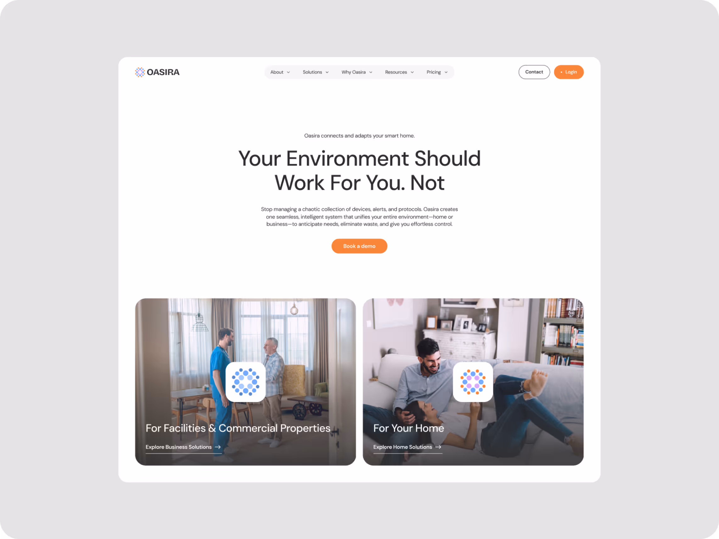 Smart home technology website with slogan 'Your Environment Should Work For You. Not.' Features two categories: 'For Facilities & Commercial Properties' showing two people in a commercial setting, and 'For Your Home' with a couple relaxing on a couch. Includes a 'Book a demo' button.