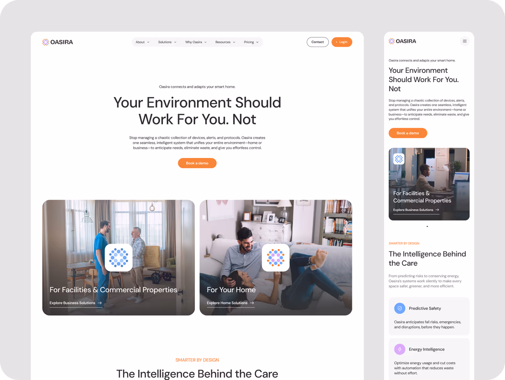 Website interface for Oasira, showcasing smart home solutions. Central text highlights tagline: 'Your Environment Should Work For You.' Features images of people interacting comfortably in home and business settings, emphasizing ease and control. Buttons f