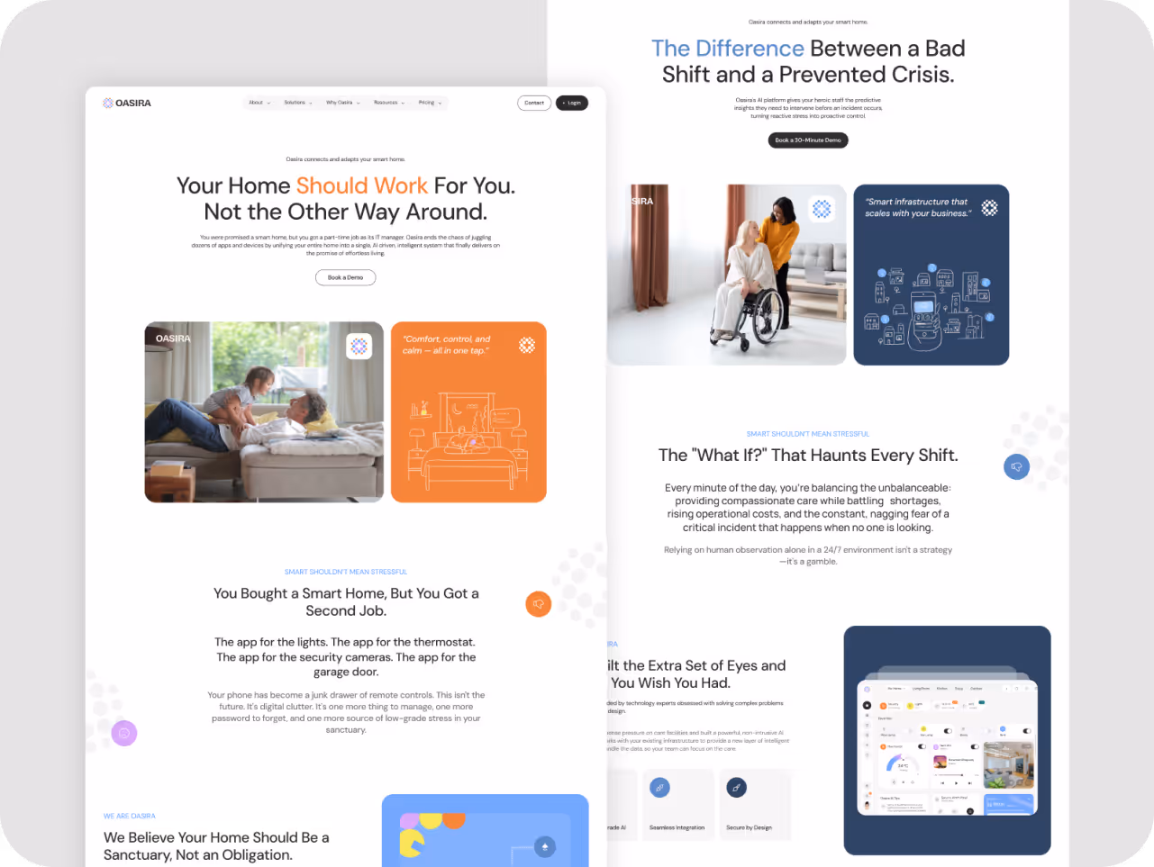 A modern website layout showcases smart home solutions, blending images and text. Left: cozy home scene. Right: caregiving focus with a person in a wheelchair. Emphasizes convenience and safety.