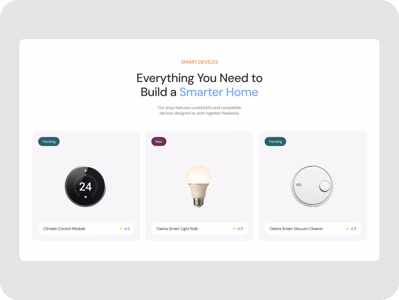 Smart devices for building a smart home displayed: Climate Control Module, Osaira Smart Light Bulb, and Osaira Smart Vacuum Cleaner, all rated 4.9 stars.