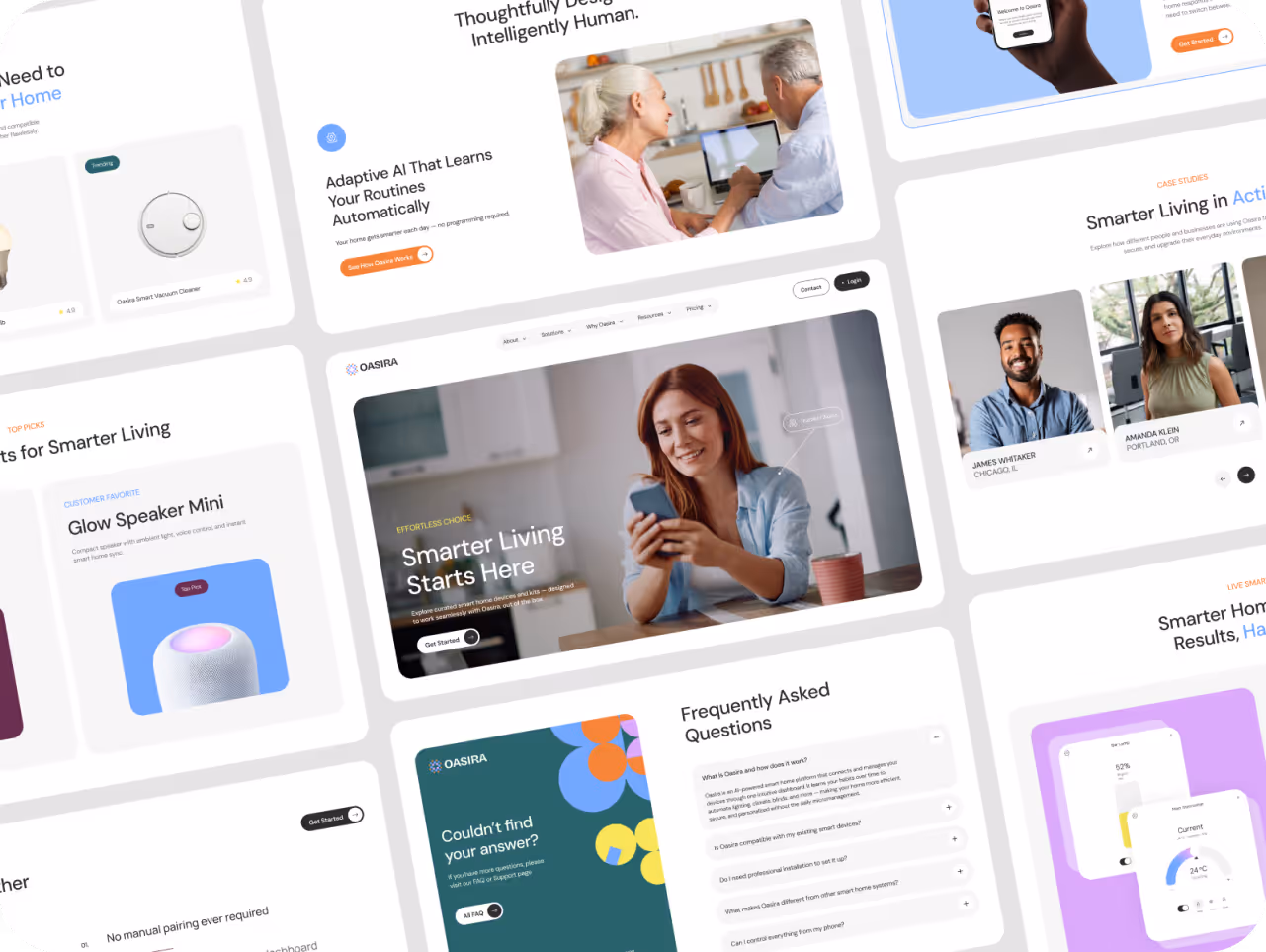 Collage of website layouts featuring smart home tech: a smiling woman with a phone, device images, user testimonials, FAQs. Modern, tech-focused design.