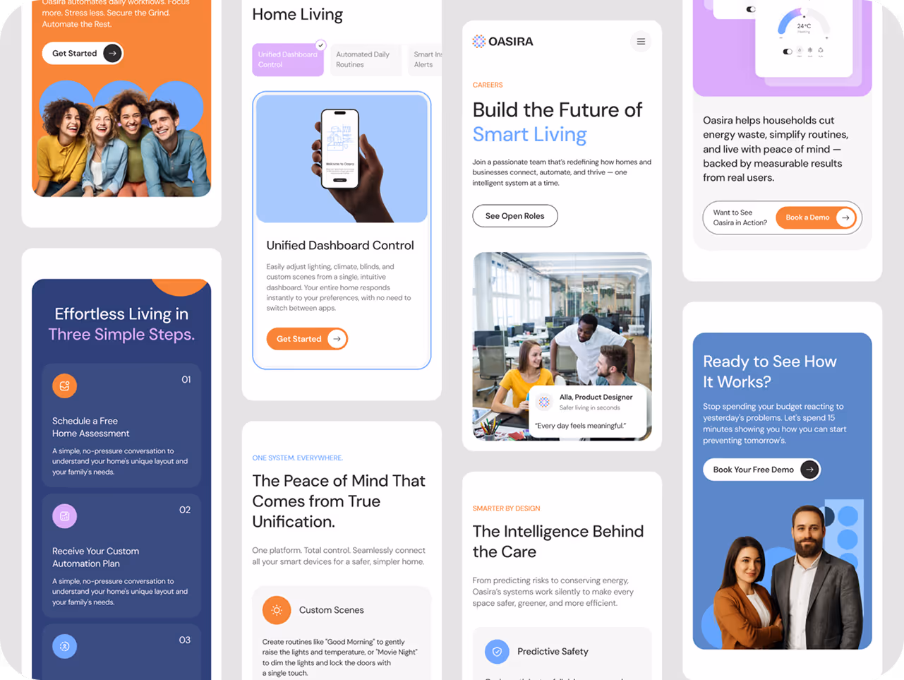 A collage of app interface designs showcases smart home features. It includes diverse individuals, product descriptions, and vibrant color blocks. The tone is modern and inviting.