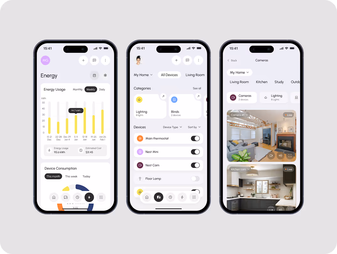 Three smartphone screens showing a smart home app interface. Left screen displays energy usage graph; middle features device controls; right shows room cameras.