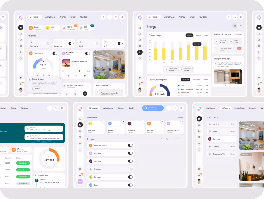 Smart home dashboard showcasing various controls and statistics. Includes climate, energy usage, and device management. Minimalist design with a clean, organized layout.