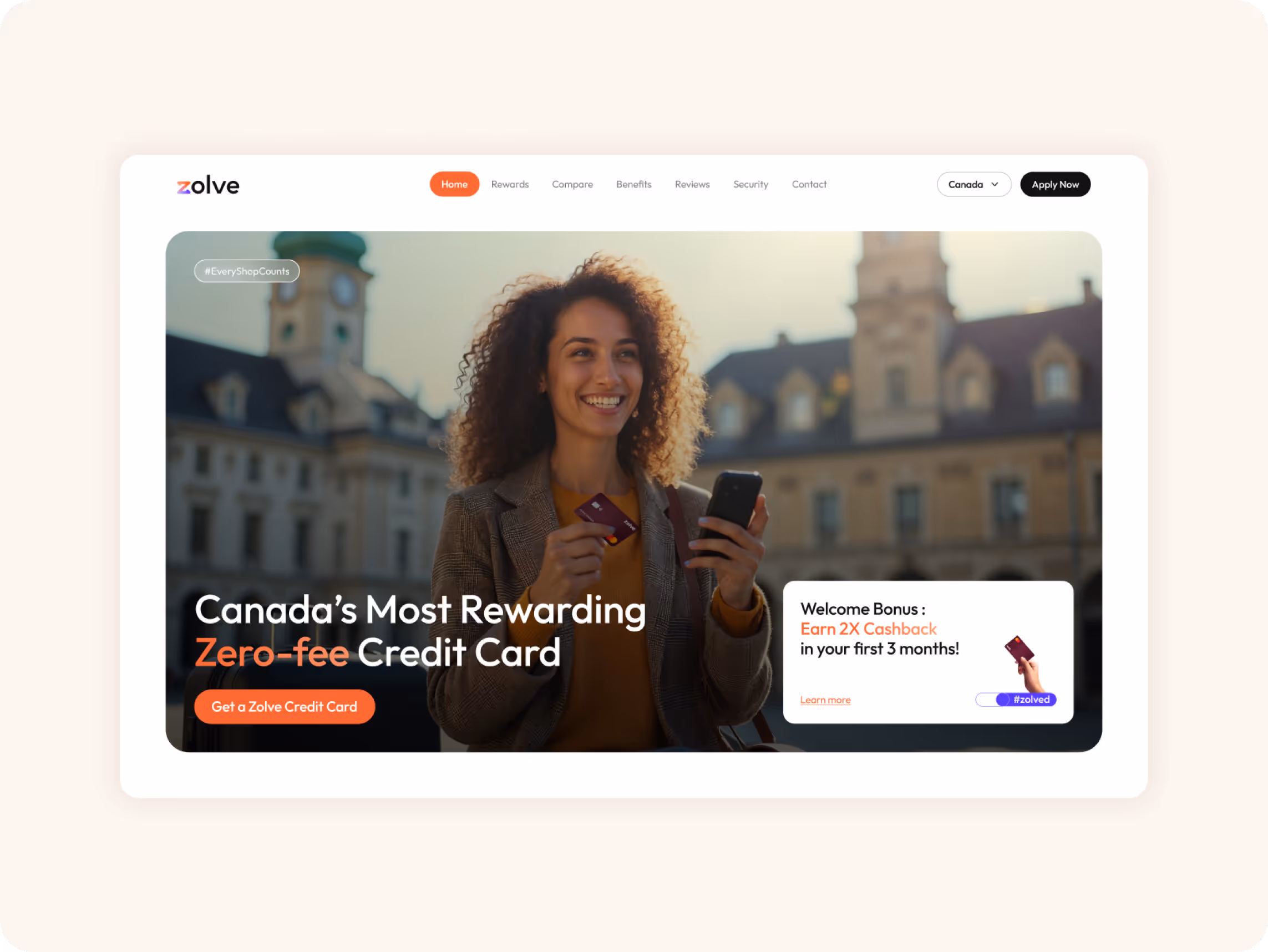 Smiling woman with a credit card and phone standing outdoors. The text reads "Canada’s Most Rewarding Zero-fee Credit Card." The tone is positive and inviting.