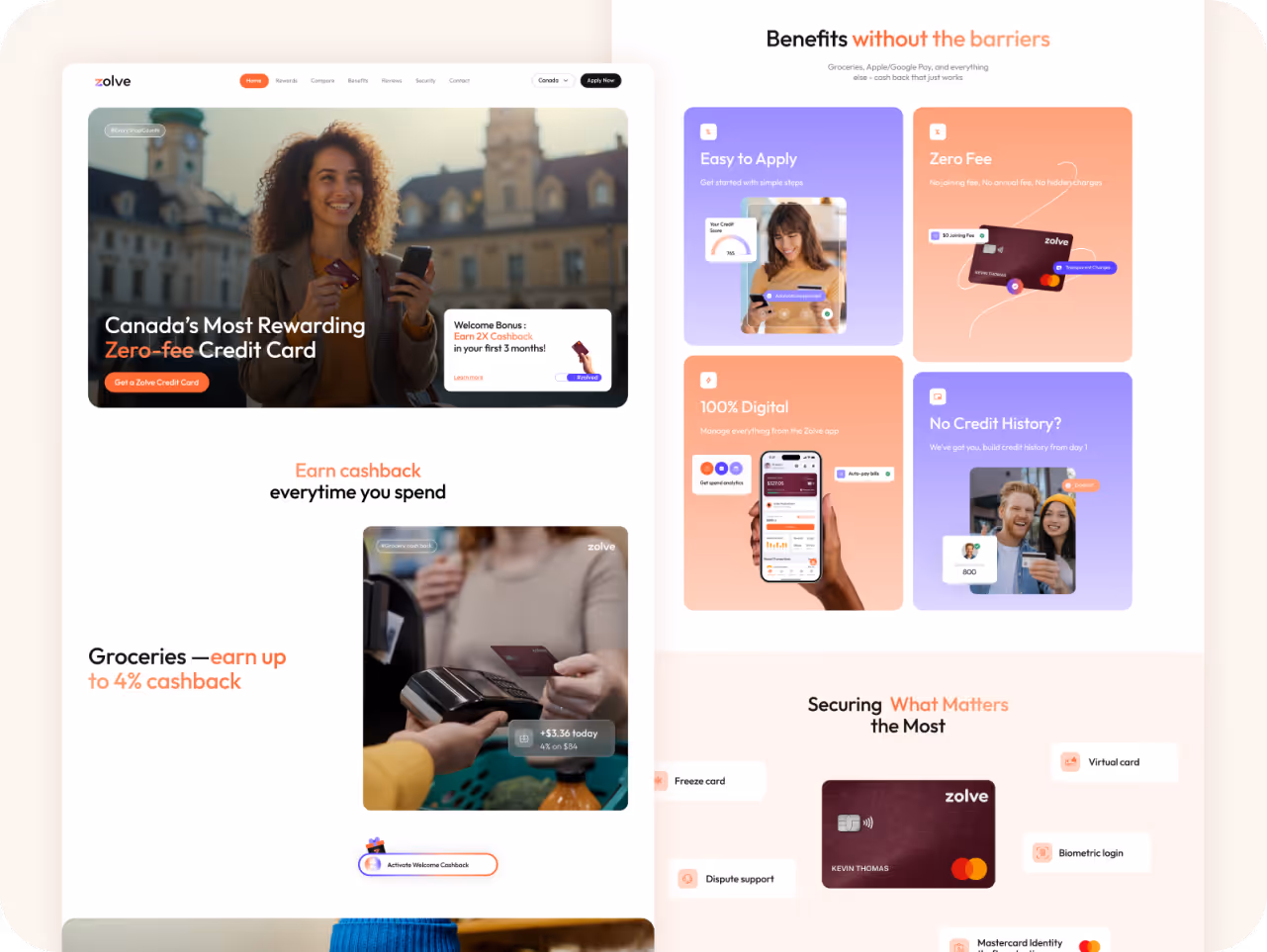 A promotional webpage for Zolve credit card features a smiling woman holding a phone in front of buildings. Highlights include zero fees, easy application, digital access, and cashback offers. Icons for security like freeze card, virtual card, and biometri