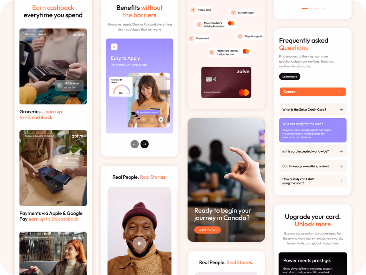 A digital collage promoting a credit card. Features images of diverse people shopping and using cards, cashback offers, and application info. Warm, inviting tone.