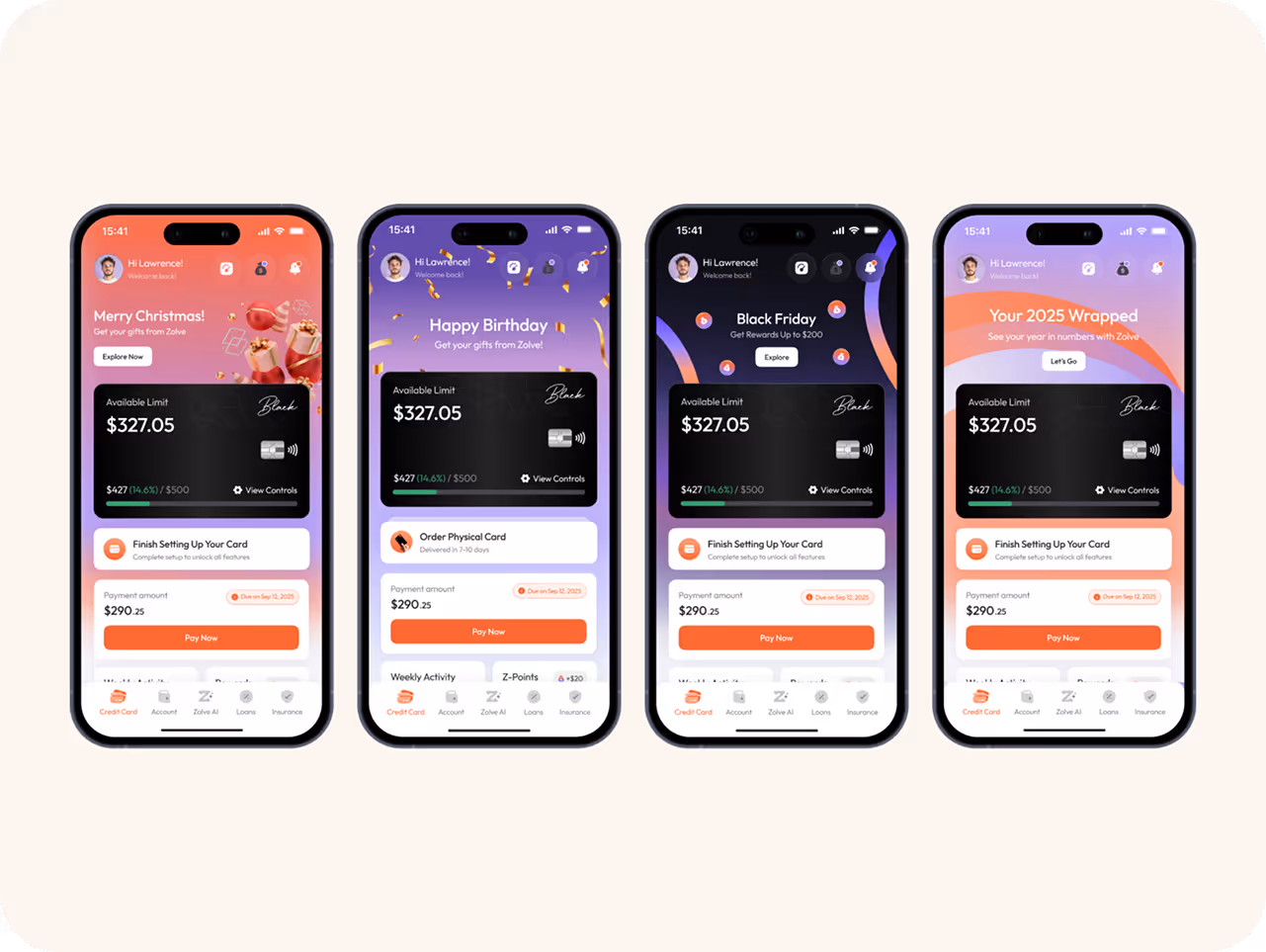 Four smartphones display festive-themed app interfaces for events like Christmas, Birthday, Black Friday, and Year Wrap-Up, all showing a $327.05 balance.